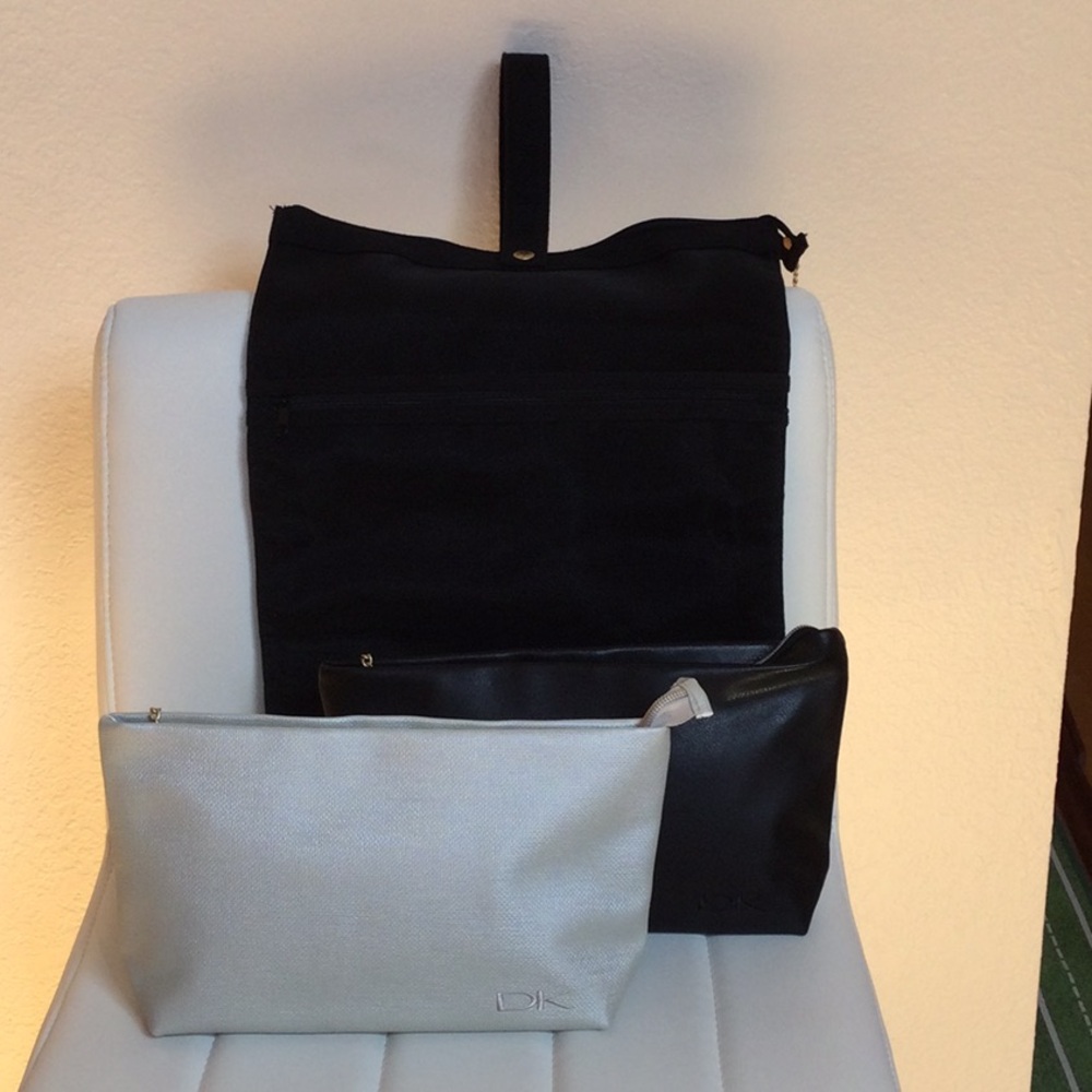 NWOT Donna Karan Black and Cream/ Cashmere Make Up Cosmetic Toiletries Bag Set